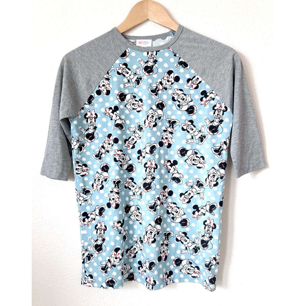 LulaRoe Kids Shirt Size 14 Girls Minnie Mouse Disney Blue Raglan Polka Dot Gray